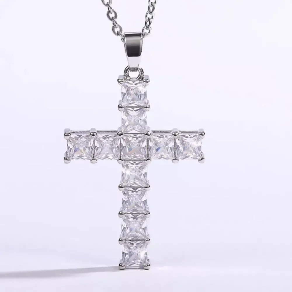 Clear White Halo Diamond Cross Pendant Necklace on 925 Sterling Silver